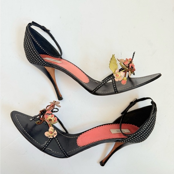 Prada Vintage Leather Black Pink Flower Boquet ankle strap high heel sandals 40 - Picture 4 of 9